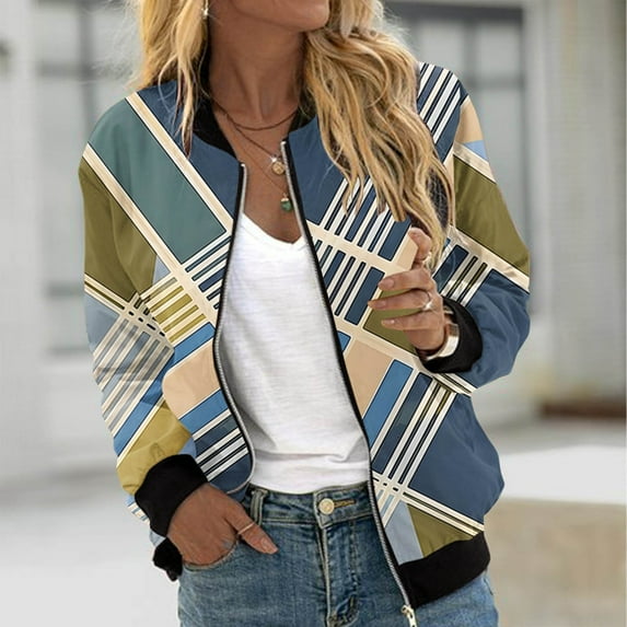 Feancey Womens Trendy Jackets Colorblock Printed Lightweight Bomber Jackets Fashion Zip Up Long Sleeve Short Jackets Causal Stand Collar Coat Streetwear Outwear On Sale,Blue,XXL