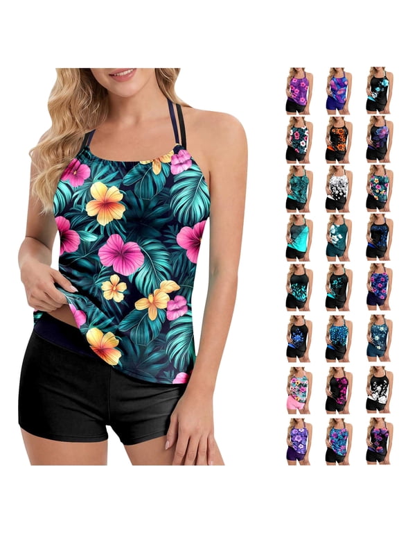 Womens Two Piece Bathing Suits Adjustable Halter Swim Top with Shorts Tankini Sets Summer Casual Floral Printed Swimsuits Set Multicolor XXL