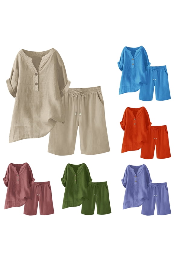 Womens Two Piece Outfits Summer Linen Sets Plus Size Casual Henley V Neck Shirt and Drawstring Shorts Matching Set for Beach Vacation Green 3XL