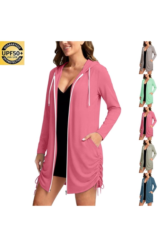 Womens UPF 50+ Beach Swim Cover Ups Sun Protection Hoodie Jackets Zip Up Long Sleeve Side Ruched Drawstring Hooded Jacket for Swimsuit Watermelon Red M