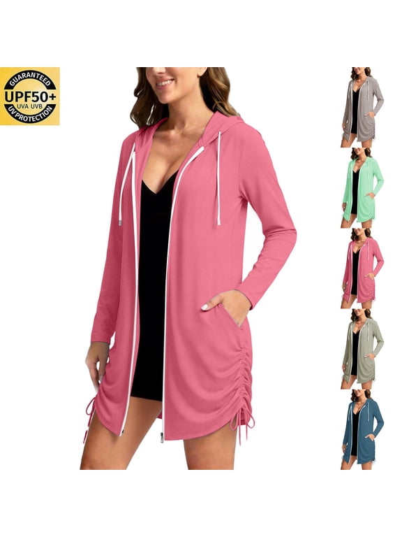 Womens UPF 50+ Beach Swim Cover Ups Sun Protection Hoodie Jackets Zip Up Long Sleeve Side Ruched Drawstring Hooded Jacket for Swimsuit Gray M