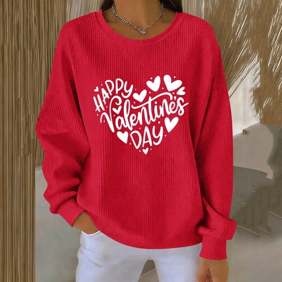 Feancey Womens Valentines Day Sweaters Ribbed Knit Casual Long Sleeve Pullover Tops Cute Heart Graphic Crewneck Knitted Sweater Red S