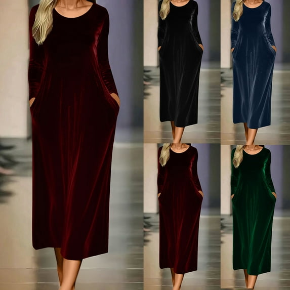 Feancey Womens Velvet Maxi Dresses Crew Neck Long Sleeve Wedding Guest Dress Solid Color Cocktail Party Dresses with Pockets Green S