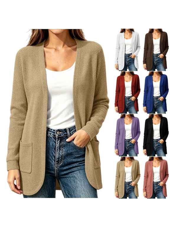 Womens Waffle Knit Cardigan Sweaters Hip Length Long Sleeve Open Front Cardigans Dressy Casual Fall Jackets with Pockets for Office Work XXL