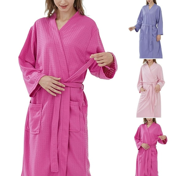 Feancey Womens Waffle Knit Robe Lightweight Soft Kimono Sleepwear Mid Length Casual Loose Bathrobe Cozy Shower Robes for Ladies with Belt Limited Time Deal Purple M
