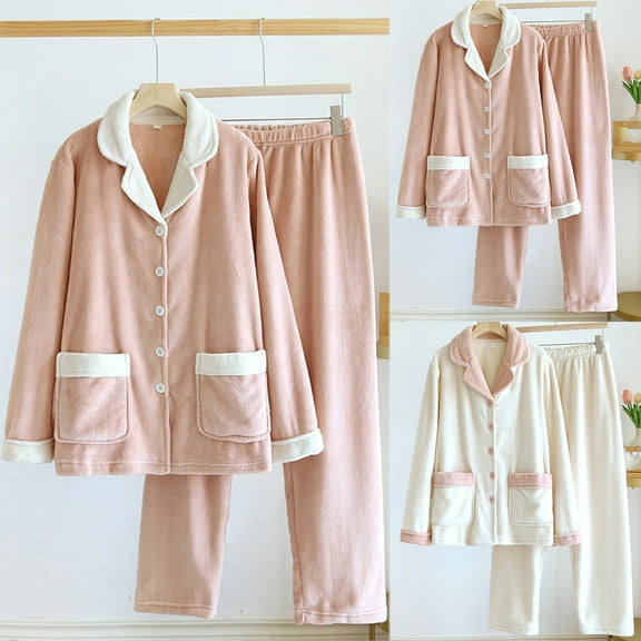 Feancey Womens Warm Pajama Sets Soft Button Down Pj Sets for Women Cute Long Sleeve Sleepwear 2 Piece Pockets Casual Loungewear Outfits Beige XL