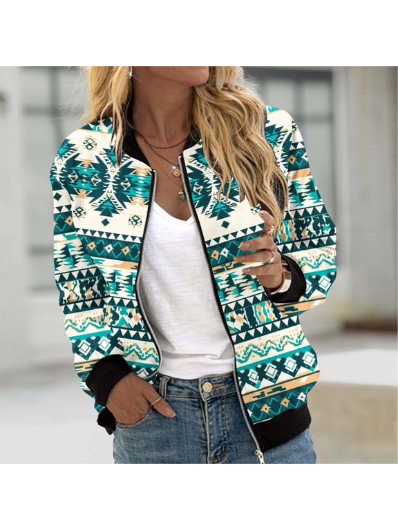 Womens Western Jackets Lightweight Casual Aztec Printed Bomber Jacket Fall Long Sleeve Zipper Coats Outdoor Windproof Jackets with Pockets Multicolor L