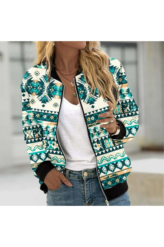 Womens Western Jackets Lightweight Casual Aztec Printed Bomber Jacket Fall Long Sleeve Zipper Coats Outdoor Windproof Jackets with Pockets Multicolor L