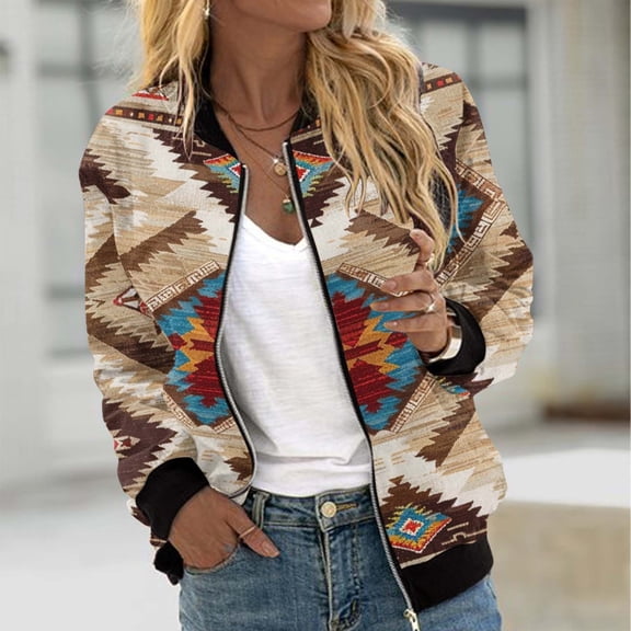 Feancey Womens Western Jackets Lightweight Casual Aztec Printed Bomber Jacket Fall Long Sleeve Zipper Coats Outdoor Windproof Jackets with Pockets Multicolor XXL
