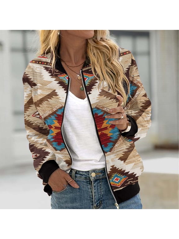 Womens Western Jackets Lightweight Casual Aztec Printed Bomber Jacket Fall Long Sleeve Zipper Coats Outdoor Windproof Jackets with Pockets Multicolor XXL