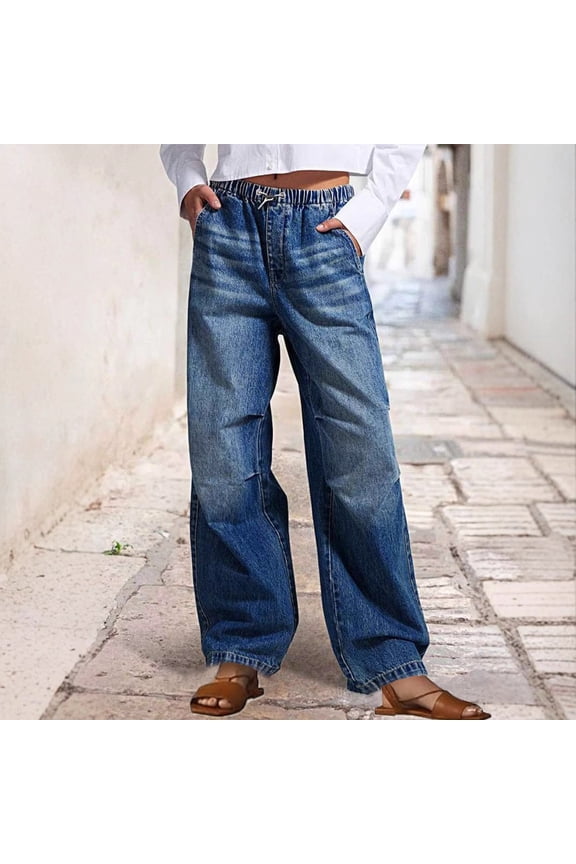 Womens Wide Leg Jeans Drawstring Elastic Waisted Denim Pants Pleated Casual Loose Trousers Vintage Streetwear Dark Blue S