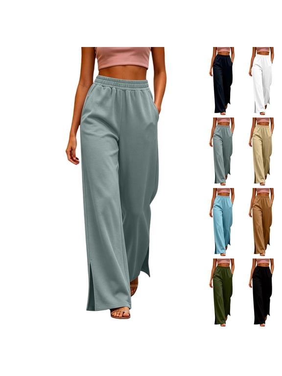 Womens Wide Leg Pants Side Split Flowy High Waisted Palazzo Pants Solid Color Casual Business Dress Pants Lounge Trousers with Pockets for Going Out Black M