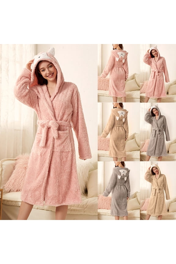 Womens Winter Bathrobe Cute Cat Ear Hooded Fleece Robes Comfy Long Belted Nightgown Soft Plush Sleepwear Cozy Shower Robe with Pockets Daily Sales Gray S