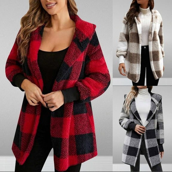 Feancey Womens Winter Jacket Plaid Open Front Cardigan Sweaters Sherpa Fleece Hooded Coats Comfy Plush Hoodies Red XXL