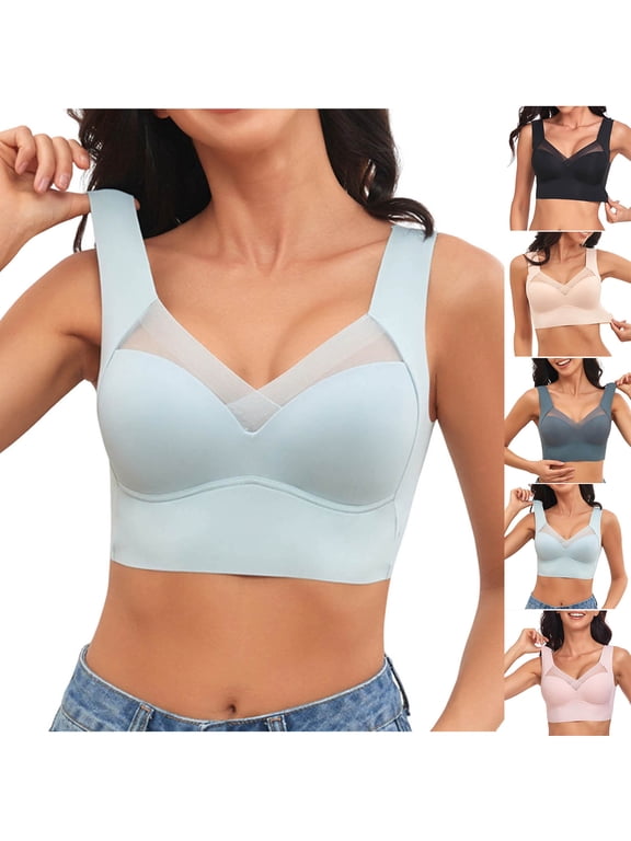 Womens Wireless Push Up Bra Seamless Mesh V Neck Everyday Brassiere Full Support Breathable No Underwire Bra with Wide Straps for Large Bust Blue XXL