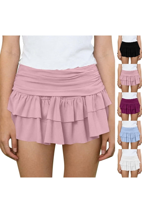 Womens Y2K Mini Skirts Low Rise Ruffled Layered Athletic Skirt with Shorts Underneath Flowy A-Line Tiered Skirts for Summer Beach Vacation Blue S