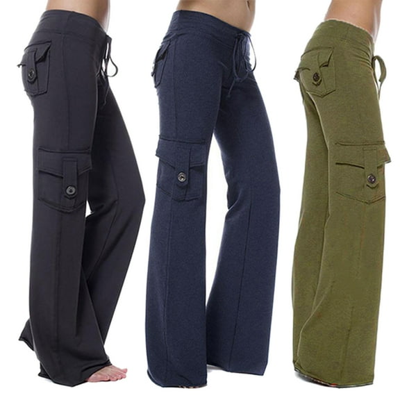 Feancey Womens Yoga Sweatpants Soft Stretch Cargo Pants Drawstring Waist Casual Flare Leggings Straight Leg Bootcut Trousers with Pockets Navy XS