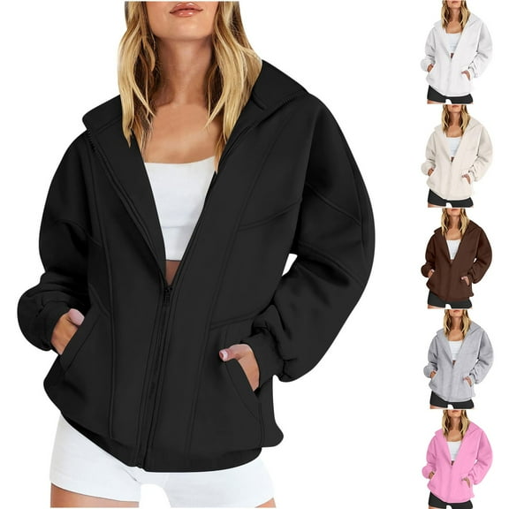 Feancey Womens Zip Up Sweatshirts No Hood 2024 Fashion Y2K Oversized Jackets Comfy Loose Stand Collar Long Sleeve Fleec Jacket with Pockets Fall SavingsBrown L