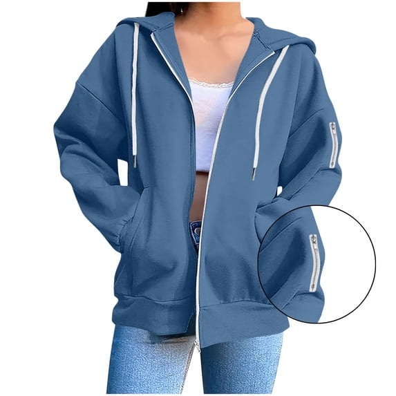 Feancey Womens Zip up Sweatshirts Fall Fashion Long Sleeve Hooded Jackets Solid Color Loose Casual Hoodies with Pockets Navy L