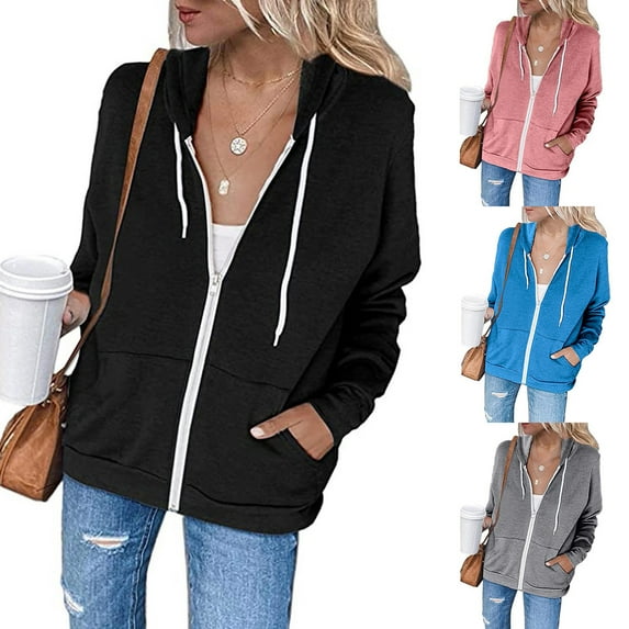 Feancey Womens Zipper Hooded Jacket Fashion Lightweight Zip Up Hoodies Fall Thin Long Sleeve Sweatshirt Jackets Teen Girls Y2K Casual Jackets Blue S