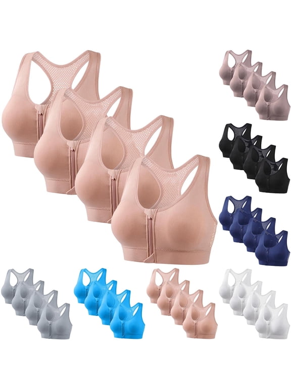 Workout Bras for Women 4 Pack Zipper Front Sports Bra Wide Strap Racerback Yoga Bralettes Mesh Breathable Casual Wireless Bras Brown XL