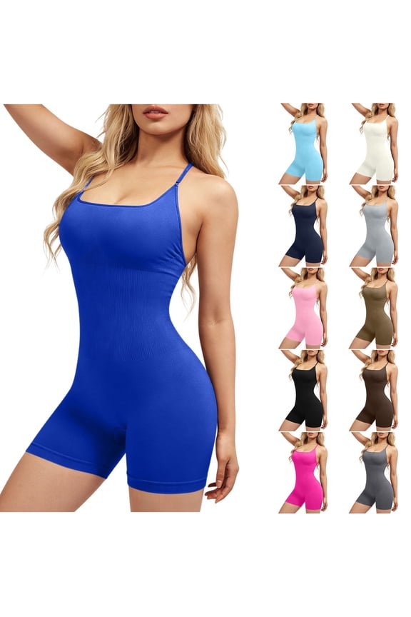 Workout Seamless Jumpsuit for Women Backless Yoga Bodycon Spaghetti Strap One Piece Short Rompers Slim Fit Athletic Outfits Black S