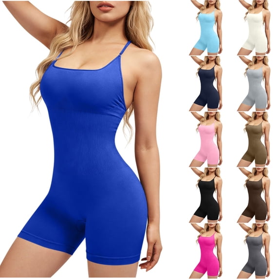 Feancey Workout Seamless Jumpsuit for Women Backless Yoga Bodycon Spaghetti Strap One Piece Short Rompers Slim Fit Athletic Outfits White L