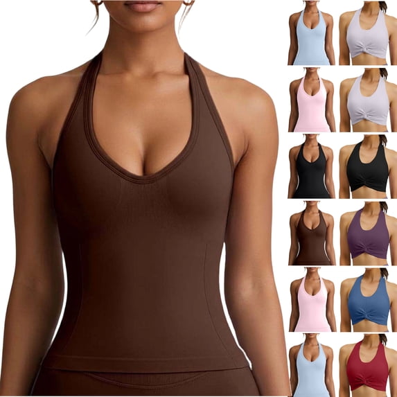 Feancey Yoga Halter Tops for Women with Built in Bra Low Cut Sleeveless Workout Shirts Stretchy Slim Fit Gym Tank Top Racerback Casual Basic Cami Shirt Coffee M