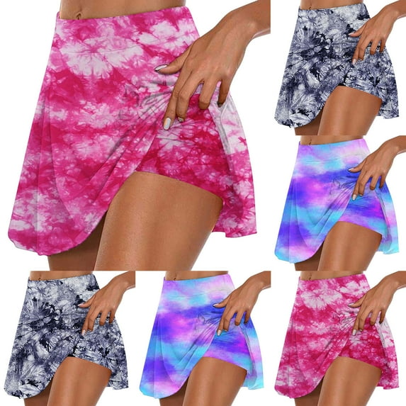Feancey Yoga Skorts for Women Tummy Control Casual Tennis Skirts Summer Tie Dye Print Golf Skirt High Waist Stretch Running Skorts Pink M