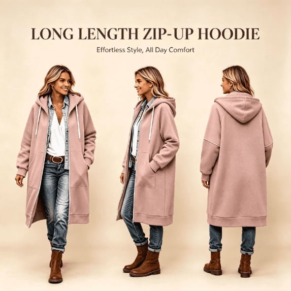 Feancey Zip Up Hoodies for Women Drawstring Full-Zip Sweatshirt Cardigan Mid Length Casual Hooded Jacket Comfy Loose Fit Outerwear Fashion Fall Outfits S