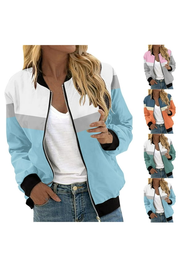 Zip up Jackets for Women Colorblock Bomber Jacket Fall Fashion Windbreaker Softshell Elastic Ribbed Cuffs Varsity Jackets with Pockets Gray XXL