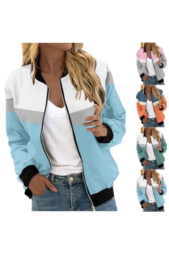 Zip up Jackets for Women Colorblock Bomber Jacket Fall Fashion Windbreaker Softshell Elastic Ribbed Cuffs Varsity Jackets with Pockets Orange S