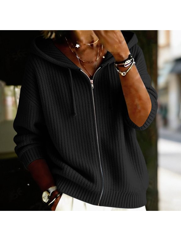 Zip Up Sweaters for Women with Hood Cable Knit Drawstring Hooded Cardigans Long Sleeve Casual Loose Cardigan Sweater Coat Fashion Fall Winter Clothes 3XL