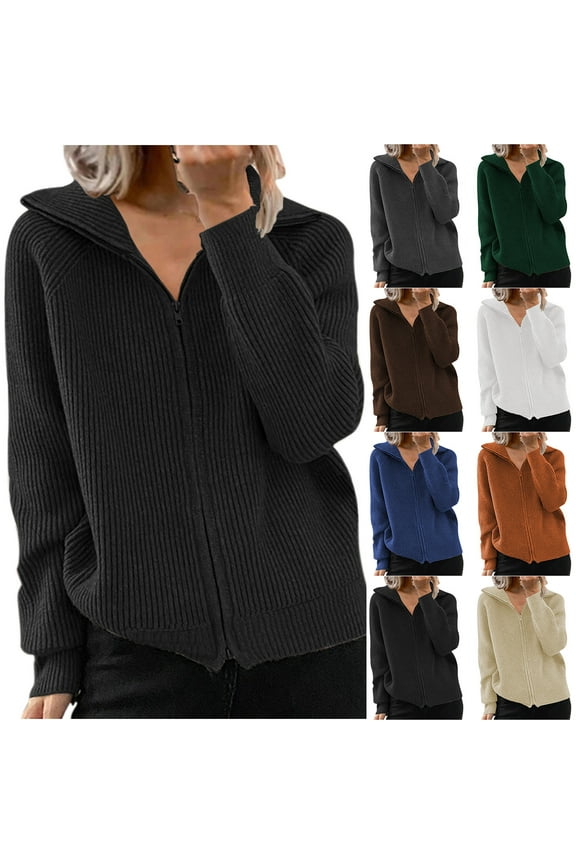 Zip Up Knitted Cardigan for Women Fall Winter Long Sleeve Lapel Cardigans Zipper Front Casual Knit Sweater Womens 2025 Fashion Jackets Sales Today Orange M