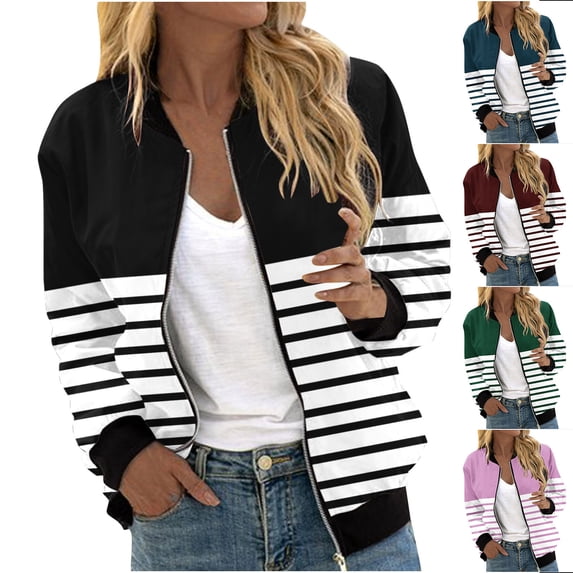 Feancey Zipper Jackets for Women Trendy Striped Plus Size Bomber Jacket Ribbed Cuffs Casual Windbreaker Spring Fall Thin Outerwear with Pockets Navy XL