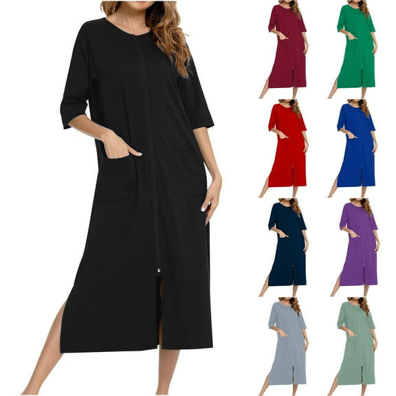 Feancey Zipper Robes for Women 3/4 Sleeve Round Neck Long Nightgowns Mid Length Lightweight Soft Nightdress Solid Casual Loungewear with Pockets Blue S