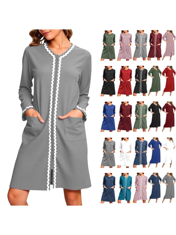 Zipper Robes for Women Long Sleeve Lightweight House Coat Zip Up Bathrobe Knee Length Casual Sleepshirts Soft Nightgown with Pockets Pink M