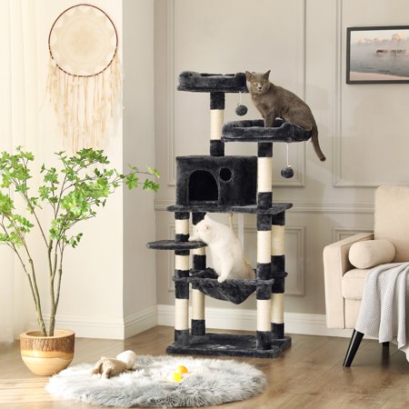 Feandrea 56.3"Cat Tree Cat Tower with Condo and Perches Scratching Posts Smoky Gray
