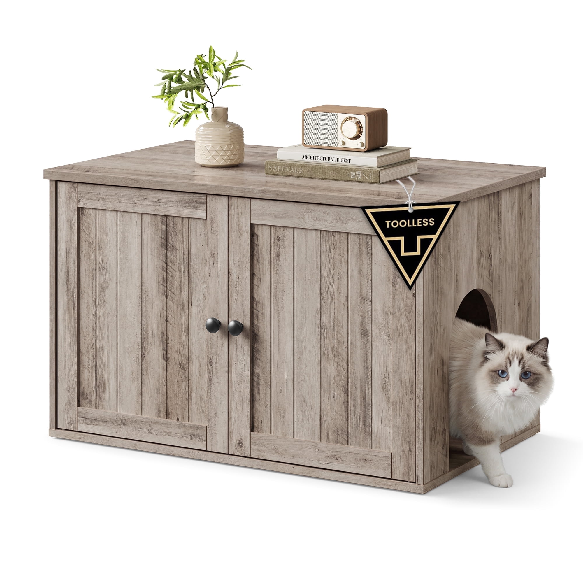 SONGMICS Home Litter Box Enclosure, Superfast Toolless Assembly, Cat Litter Box Furniture, Push-to-Open Doors, Indoor Cat House, Greige