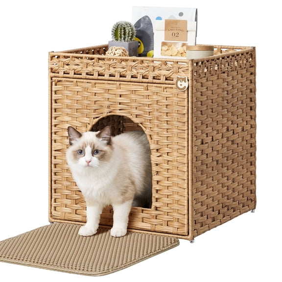Feandrea Cat Litter Box Enclosure, Handwoven Rattan Hidden Litter Box Furniture with Extra Mat, Removable Washable Tray, Boho Cat House,Goose Yellow