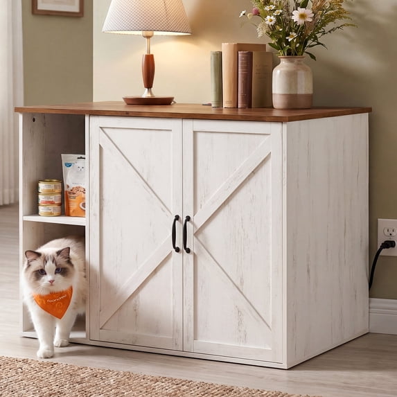 Feandrea Cat Litter Box Enclosure, Hidden Cat Washroom with Power Outlet, Barn Doors, 39.4 x 26.8 x 31.5 inch, Cloud White and Rustic Brown