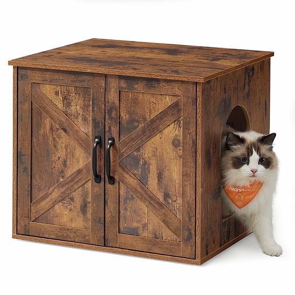 Feandrea Cat Litter Box Enclosure, Hidden Litter Box Furniture, Indoor Pet House End Table, 23.6 x 19.7 x 19.7 Inches, Rustic Brown