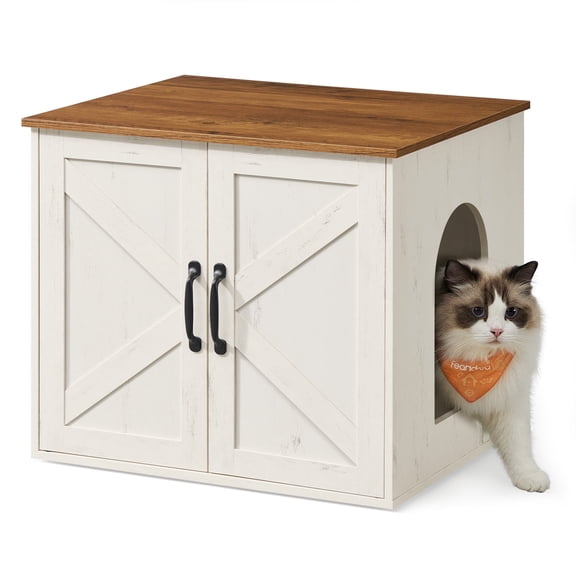 Feandrea Cat Litter Box Enclosure, Hidden Litter Box Furniture, Indoor Pet House End Table, 23.6 x 19.7 x 19.7 Inches, Rustic White and Honey Brown
