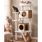 Feandrea Cat Tree, 5-Tier Cat Tower with 2 Condos, 55.1 in Cat Furniture, 17.7 x 19.7 x 55.1 in, Washable Perch, Honey Brown and Rustic White