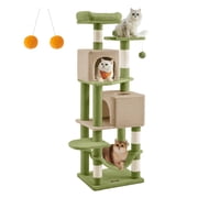 Feandrea Cat Tree,59.5-Inch,Plush Multi-Level Condo with 5 Scratching Posts,2 Perches,2 Caves,Hammock,2 Pompoms,Grass Green and Camel Brown