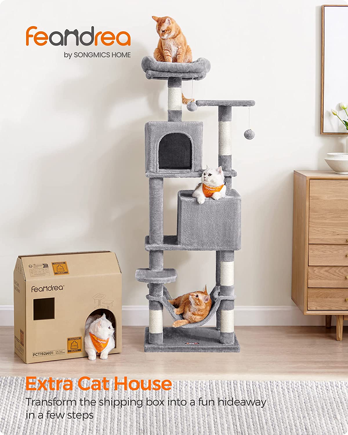 Pawhut Solid Wood Cat Condos, Water Proof, Grey and White, 43" H