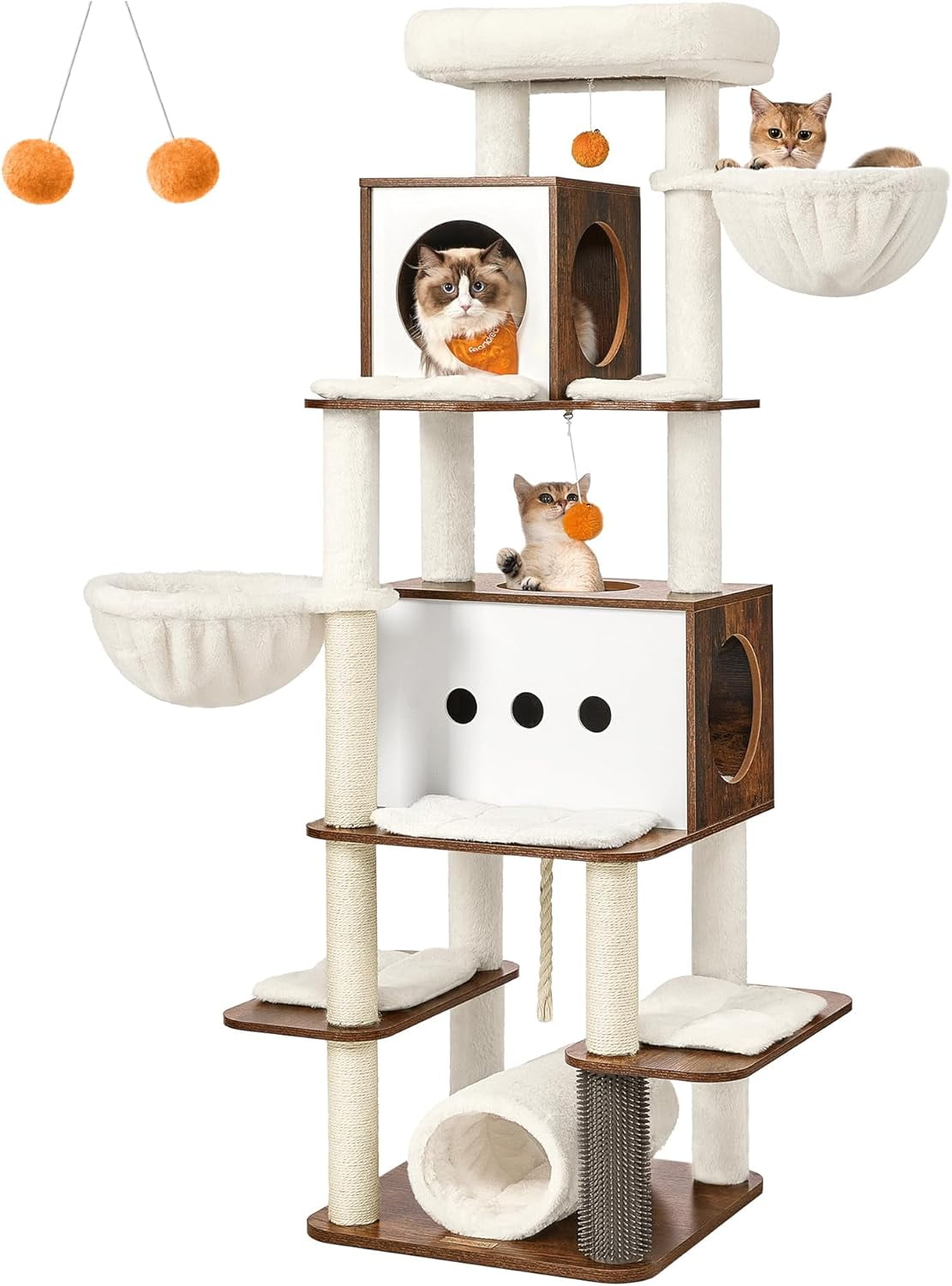 Rustic Brown Multi-Level Cat Tree with Hammocks and Caves