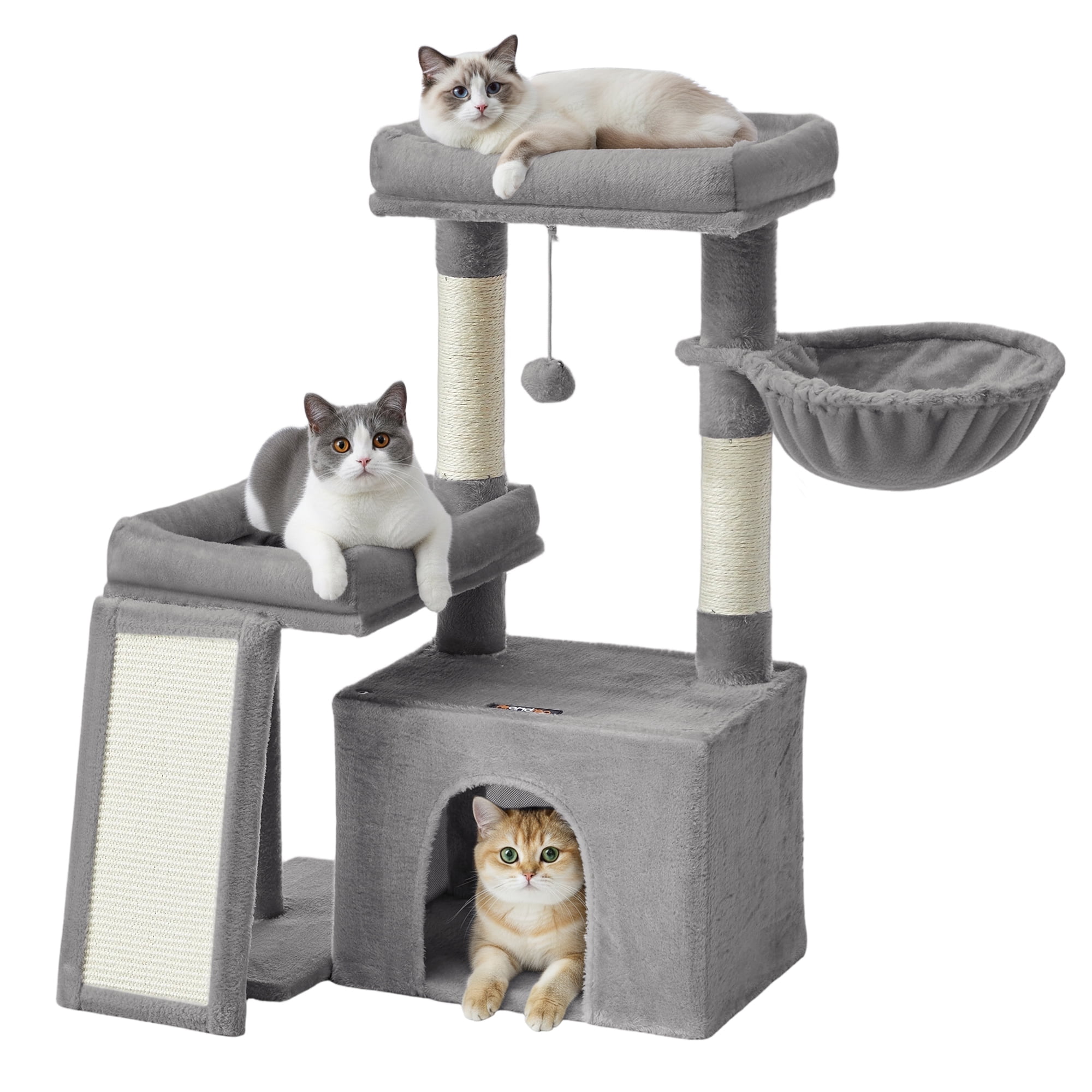 Feandrea Cat Tree, Cat Tower Condo with Scratching Posts and Ramp, 2 Large Perches, Cave, Basket, 33.8 Inches Tall, Dove Gray