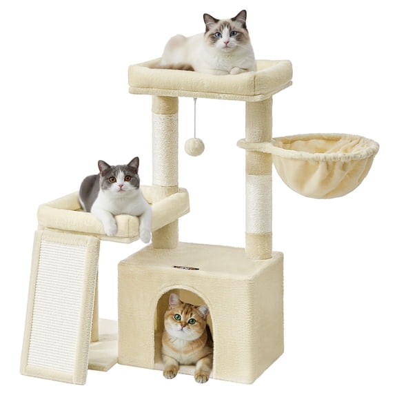 Feandrea Cat Tree, Cat Tower Condo with Scratching Posts and Ramp, 2 Large Perches, Cave, Basket, 33.8 Inches Tall, Summer Sand