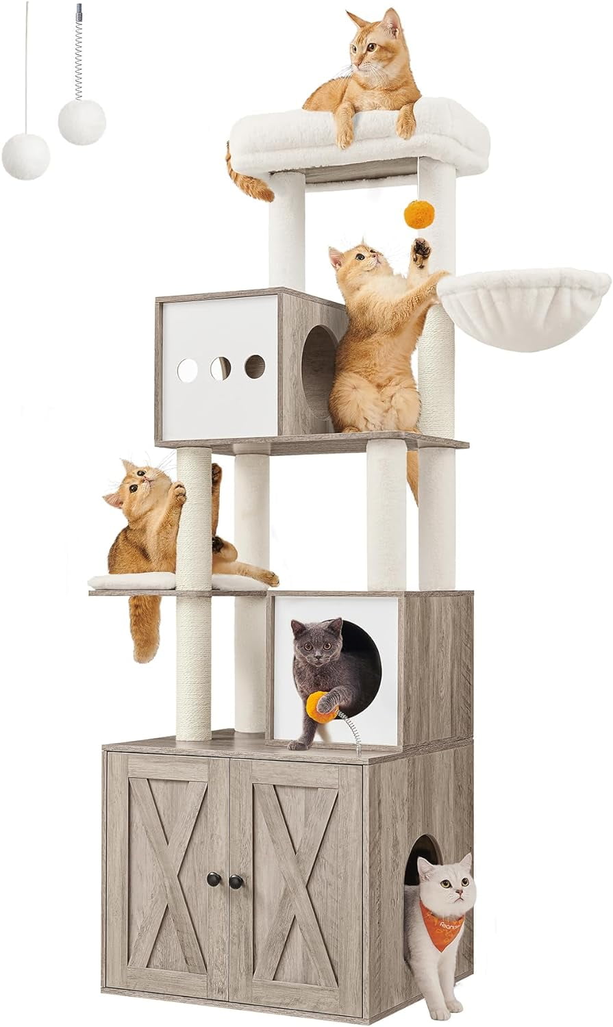 Modern Heather Greige Sisal Cat Tree with Litter Box Enclosure